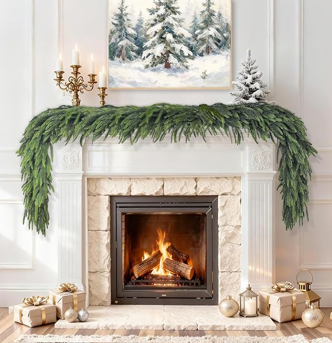 4 pcs 6 Ft Christmas Garland Real Touch Norfolk Pine Garland Christmas Decorations Faux Realistic Winter Pine Garlands for Mantle, Table, Stairs, Doorframe, Fireplace Indoor Outdoor Holiday Xmas Decor