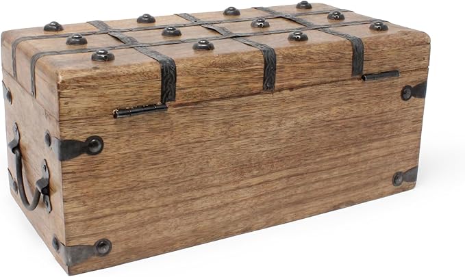 Nautical Cove Treasure Chest Wooden Box with Antique Iron Lock and Skeleton Key (Medium 12.5x6x5.5) - Storage and Decor – Pirate Chest, Decorative Storage Chest with Hinged Lid, Wood Treasure Box