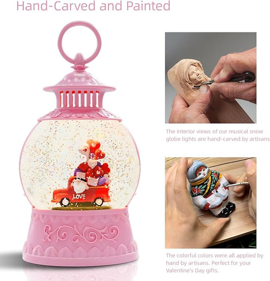 Valentine Day Red Truck Snow Globe Musical Decor,Valentines Day Couple Red Truck Light Up Snow Globe 6H Timer, USB/Battery Operated,Valentines Day Gifts for Her, Teacher, Girls