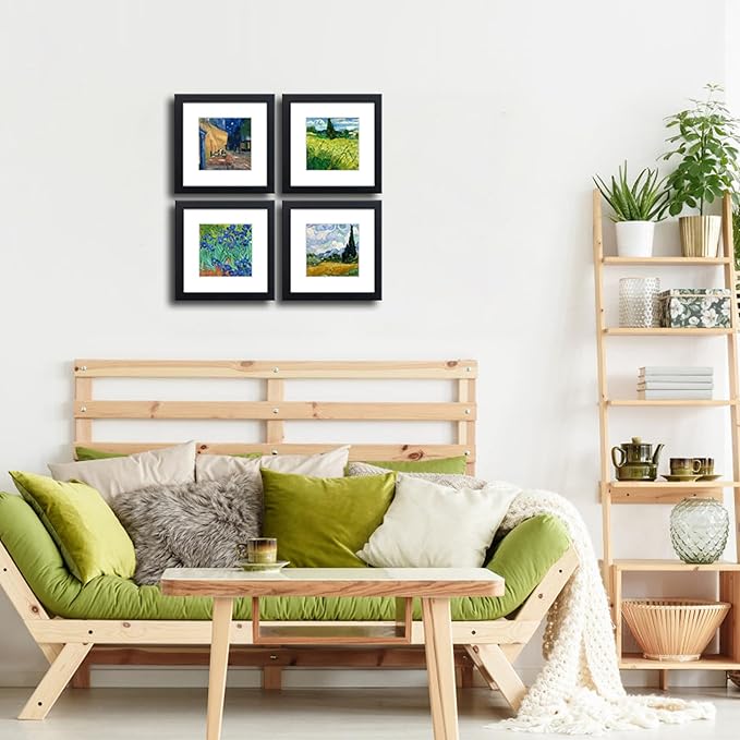 8x8 Picture Frame Set of 4 Made of Solid Wood Photo Frame with Real Glass for Pictures 5x5 with Mat or 8x8 Without Mat, Wall Mount or Tabletop Gallery Photo Frames in Black