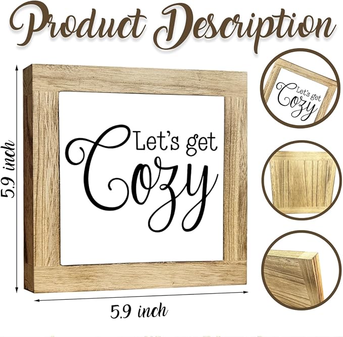 Let's Get Cozy, Inspirational Wood Signs, Box Wood Plaques Desk Décor, Farmhouse Home Decor Sign for Shelf, Family Table Decor for Kitchen Bedroom Dining Room, Living Room Decors, Housewarming Gift