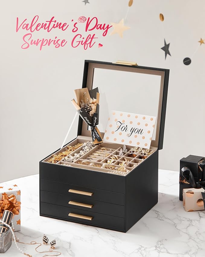 SONGMICS GISELLA Collection - Jewelry Box Organizer, 4-Layer Jewelry Storage with 3 Drawers, Shiny Metal Hardware, Glass Lid, Modern, 8 x 9.1 x 6.5 Inches, Ink Black and Gold Color UJBC173B01