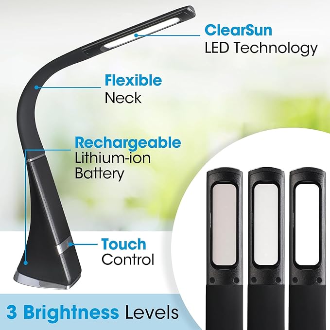 OttLite Recharge LED Desk Lamp with ClearSun LED Technology - Portable, Dimmable & Flexible Gooseneck - Travel-Friendly Task Lamp with Rechargeable Battery - for Home, Reading, Office & College Dorms