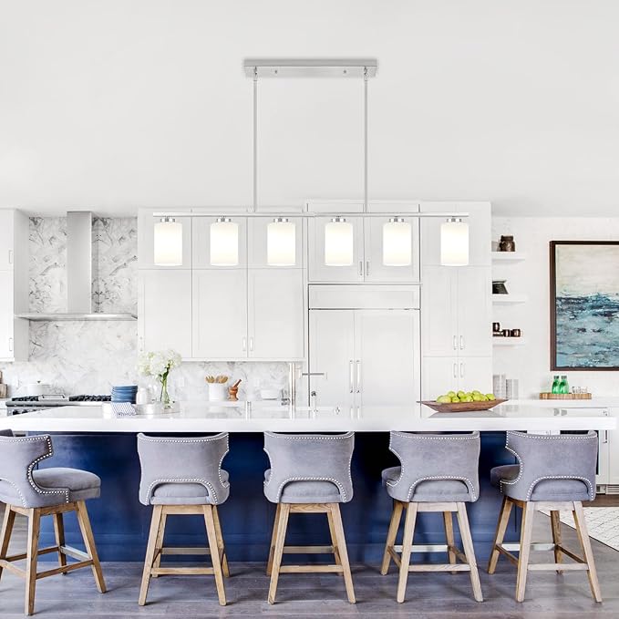 6-Light Kitchen Island Lighting, Brushed Nickel Dining Room Light Fixtures Over Table, Modern Farmhouse Chandeliers with Milky Glass Shade Pendant Light for Dining Room Kitchen Island