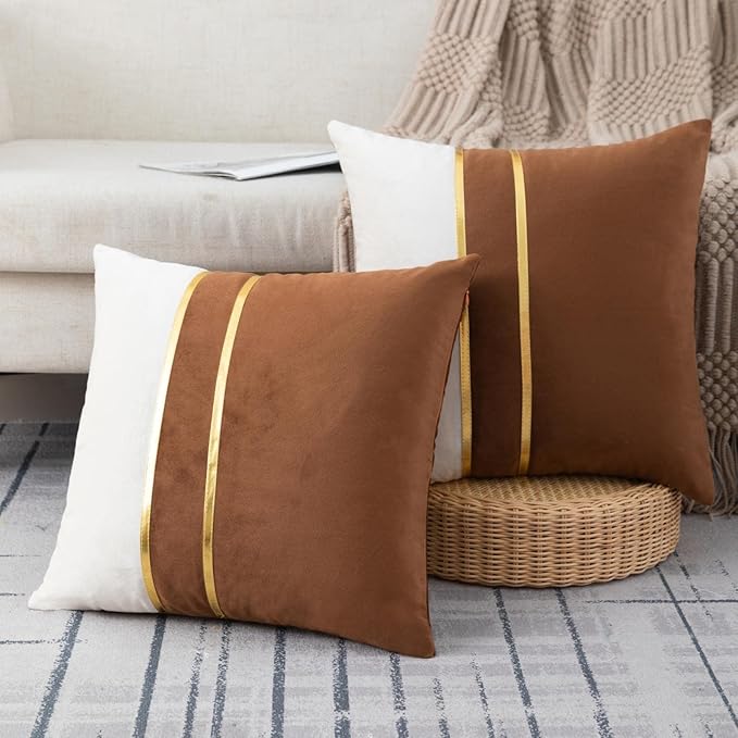 ZLINA Set of 2 Velvet Decorative Throw Pillow Covers Coffee Brown White Patchwork with Gold Leather Pillow Covers 24 × 24 Inch Cushion Covers Decor Living Room Sofa Bedroom Car