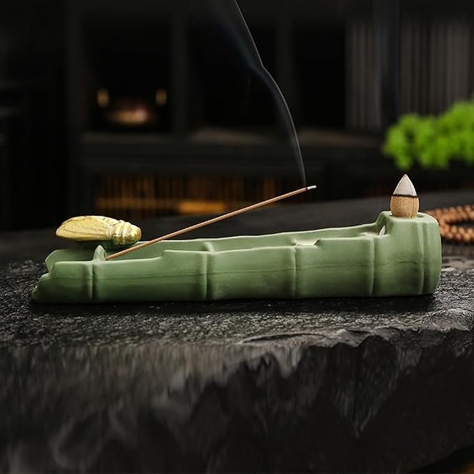 Dual - Use Ceramic Incense Burner, Bamboo Joint & Cicada Design, Stick/Backflow Incense Holder for Aromatherapy.Handmade Large Incense Holder for Meditation Yoga SPA,Palo Santo/Sage/Cone/