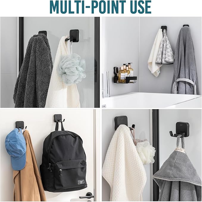 TAILI Patented Strong Suction Cup Hook, 304 Stainless Steel Bathroom Suction Cup Holder for Towel, Loofah, Bathrobe, Damage-Free Hanging Shower Wall Hook, Double-Hook Widening Design, 2 Pack, Black