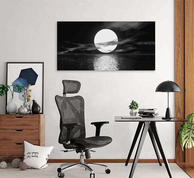 Cao Gen Decor Art S06498 Wall Art Canvas Sea White Full Moon in Night Picture Canvas Poster Print Black and White Ocean for Living Room Bedroom Kitchen Home Decorations Framed Artwork