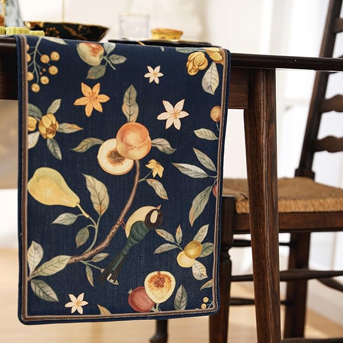Linen Blue Table Runner 87 Inches Long,Vintage Rustic Farmhouse Bird and Flower Table Runners,Fall Table Decor for Christmas Thanksgiving Living Room Home Kitchen.12*87-Deweya Blue