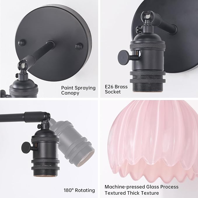 Vintage 5000 mAh Battery Operated Wall Sconce with Pink Tulip Glass Lampshade Rechargeable Battery Powered Wall Light with Remote Control for Bedroom Doorway, Set of 2