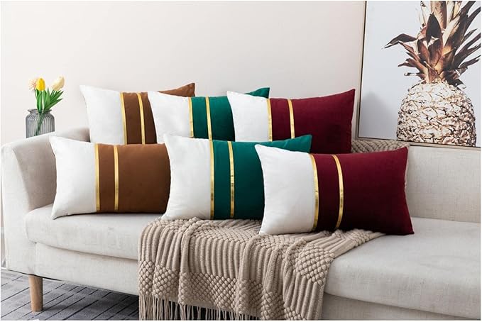 ZLINA Set of 2 Velvet Decorative Lumbar Pillow Covers Grey White Patchwork with Gold Leather Pillow Covers 12 × 20 Inch Cushion Covers Decor Living Room Sofa Bedroom Car