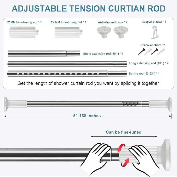 ZOCONE Tension Curtain Rod 51-168 In(4.25-14 Ft), Extra Long Outdoor Curtain Rod No Drilling for Patio, Adjustable Shower Curtain Rod for Bathroom Window Never Rust, Rod Diameter 1.26" Stainless Steel