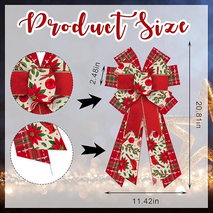 Large Christmas Wreath Bows, Christmas Red Flowers Plaids Burlap Linen Bows for Wreath, Large Tree Topper Ribbon Bows for New Year Home Indoor Outdoor Xmas Party Decoration Wreath Ornament Supplies