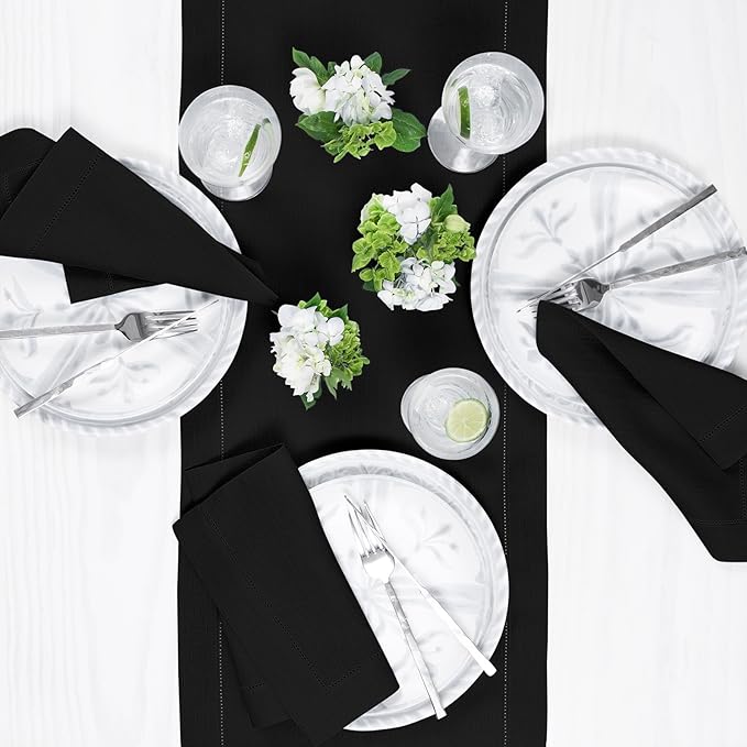 Solino Home Linen Black Table Runner 120 Inches Long - 100% Pure Linen 14 x 120 Inch Table Runner for Spring, Easter - Classic Hemstitch
