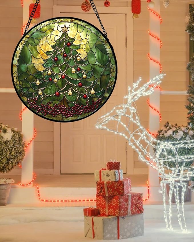 Stained Glass Window Hanging - Retro Green Christmas Tree Suncatcher for Doors Home Christmas Decoration Sun Catcher Thanksgiving New Year Birthday Gifts for Women Men Mom Nana 11.8 in