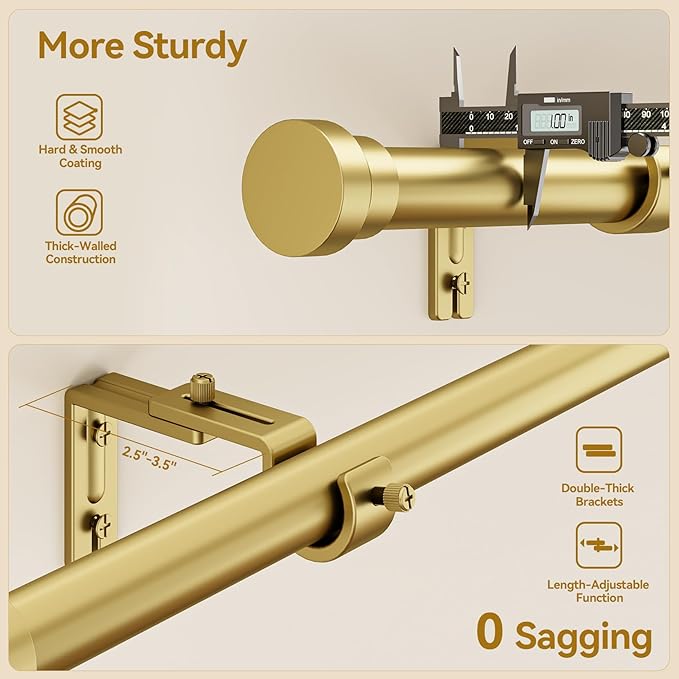YaFex Curtain Rods 32-84 Inch, Heavy Duty 1 Inch Adjustable Curtain Rod for Windows, Gold Long Window Treatment Rods, Modern Design, Easy Installation