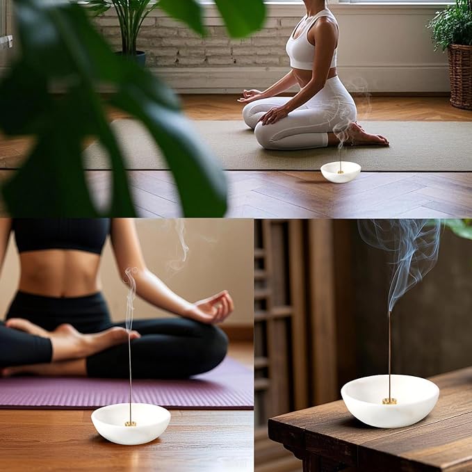 Koville Natural Marble Incense Holder, Incense Holder for Sticks with 9 Holes, Handmade Incense Burner Ash Catcher for Meditation Yoga SPA, Balsam Fir/Palo Santo/Sage/Cone (White)