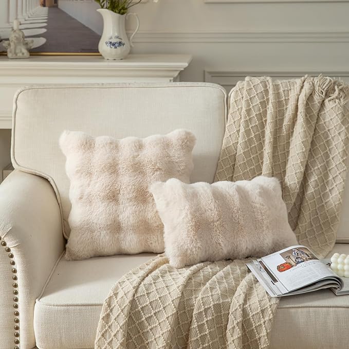 Yaertun Pack of 2 Beige Thick Soft Wool Decorative Throw Pillow Covers 12x20 Inch Faux Fur Plush Fluffy Cushion Covers for Sofa Couch Bedroom