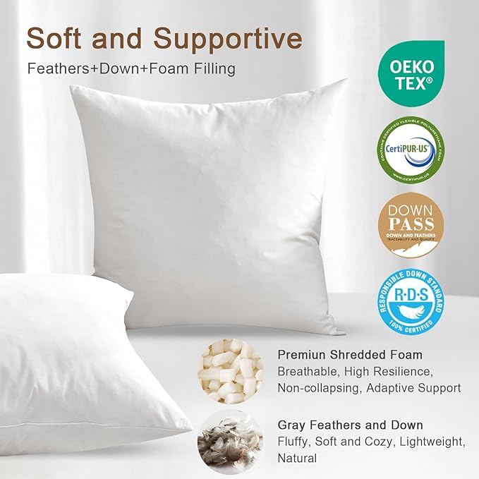 Organic Feather Down Throw Pillow Inserts (26x26 Inch, Set of 2) - 100% Cotton Shell, Filling of Feathers & Memory Foam, Euro Square Decorative Pillow Form Core for Couch, Sofa, and Bed