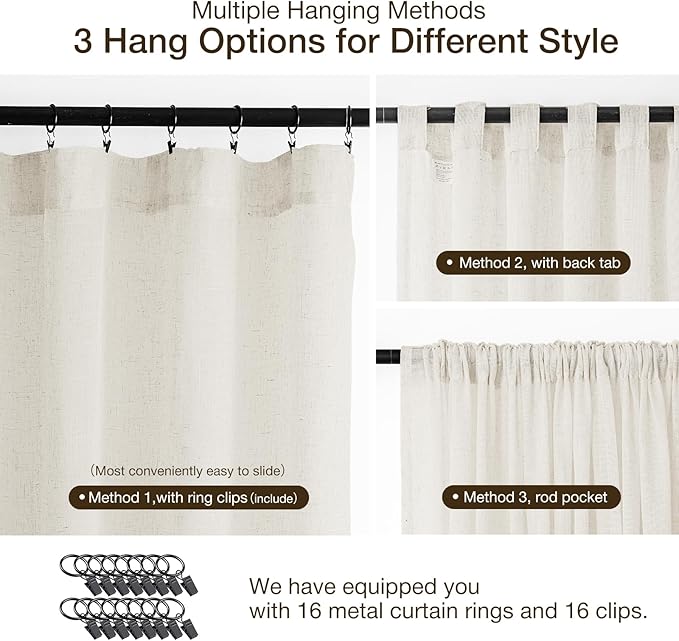 Anmao Natural Linen Curtains for Living Room 63 Inch Length 2 Panels Set, Light Filtering Semi Sheer Window Curtain Drapes for Bedroom with Curtain Rings and Clips, 52Wx63L, Ivory