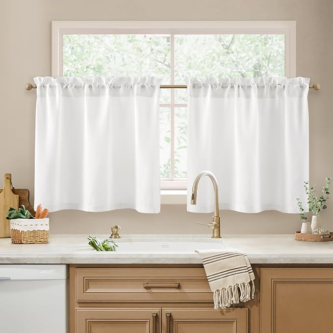HOMEIDEAS Non-See-Through White Privacy Sheer Kitchen Curtains 24 Inches Long 2 Panels Set Light Filtering Short Tier Curtains for Living Room Bedroom Cafe Window Drapes, W30xL24