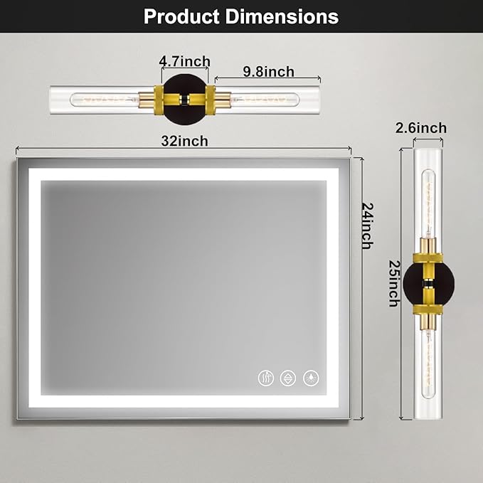 LaLuLa Bathroom Vanity Light,Knurled Texture Linear Black and Gold Wall Sconces,Clear Glass Tube Vanity Lighting Fixtures,Modern Hardwired Wall Mounted Light,Indoor Wall Lights for Bedroom,Hallway