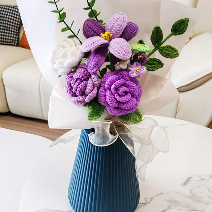 Handmade Crochet Sunflowers Rose Daisy as a Gift for Lover, Family,Friends. Crochet Bouquet, Crocheted Yarn Flowers, Artificial Flower Finished Bouquet (Purple)