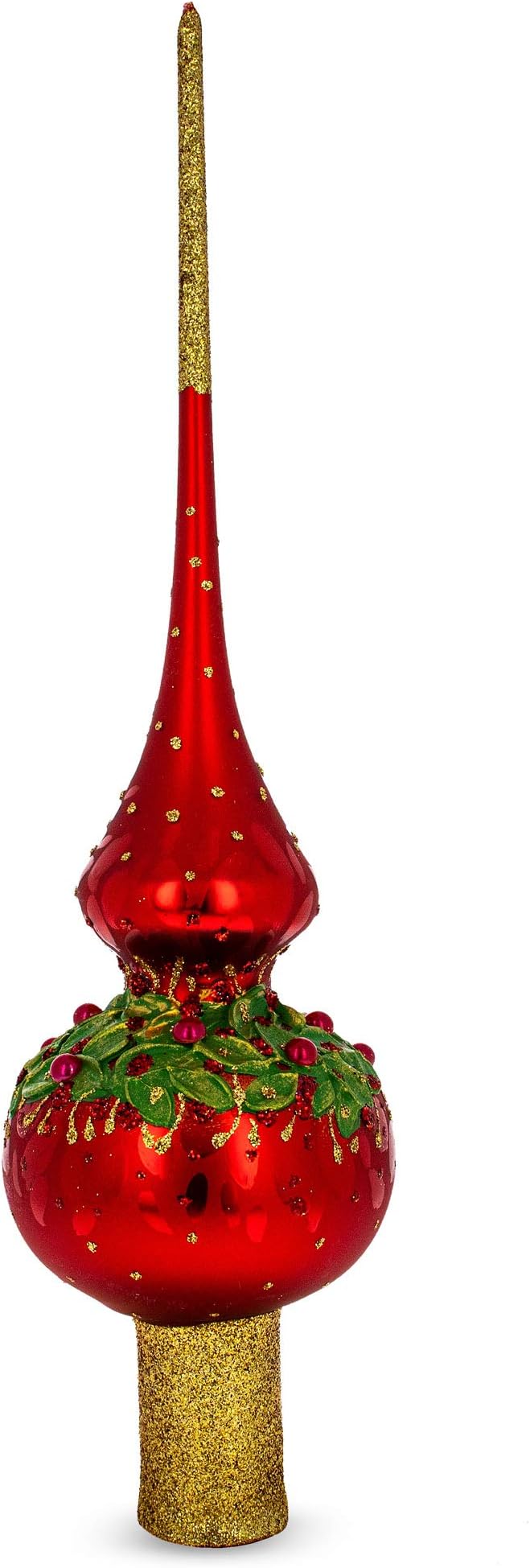 Red Pearls and Poinsettia Flowers on Glossy Red Glass Christmas Tree Topper 11 Inches