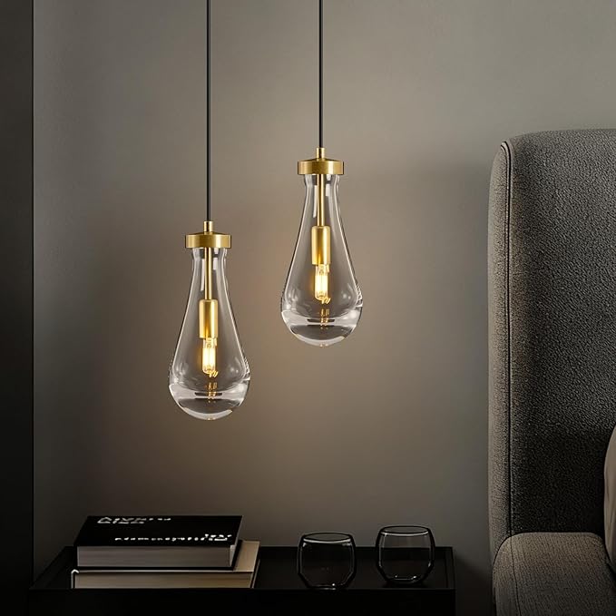 Raindrop Pendant Lights Kitchen Island: 2 Pack Crystal Gold Teardrop Hanging Light Fixtures over Dining Room Table - Modern Brass Glass Tear Drop Ceiling Pendants Chandelier Bedroom Bathroom Lighting