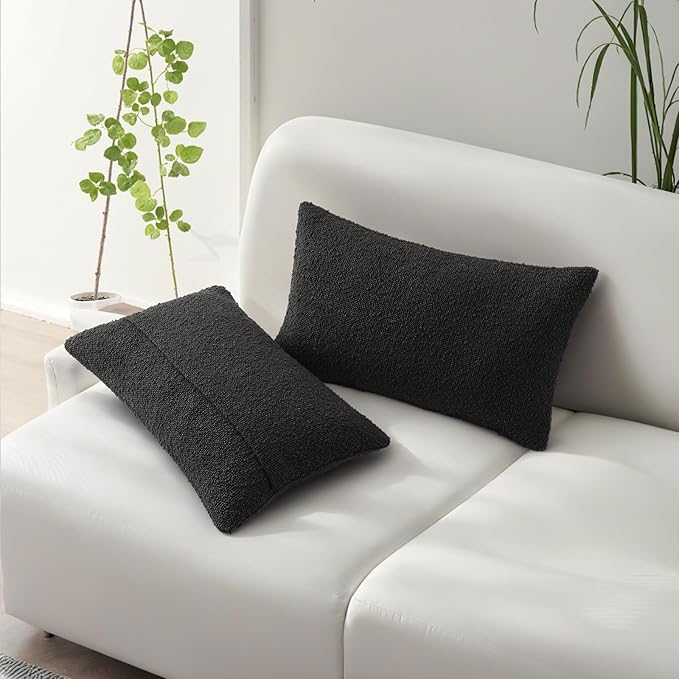 HAUSSY Set of 2 12x20 Decorative Throw Pillow Covers, Soft Cozy Textured Boucle Lumbar Pillow Cases, Home Decor for Couch Bed Living Room, Black