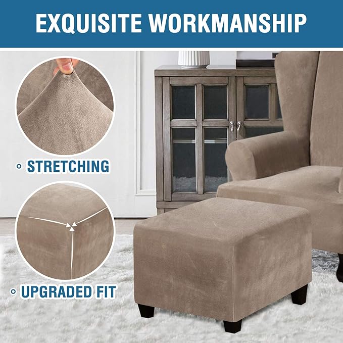 H.VERSAILTEX Square Ottoman Covers Ottoman Slipcover Square Footstool Protector Covers Storage Stool Ottoman Covers Stretch with Elastic Bottom, Feature Real Velvet Plush Fabric, Taupe