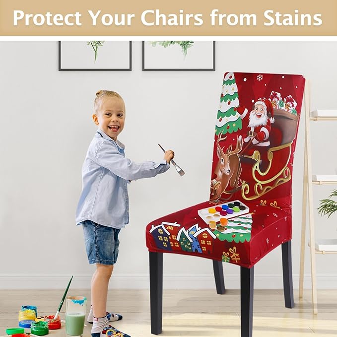 SearchI Christmas Chair Covers Set of 4, Stretch Xmas Kitchen Chair Cover Removable Washable Holiday Parsons Chair Slipcovers for Dining Room, Christmas Decoration, Ceremony(Santa Claus+Elk)