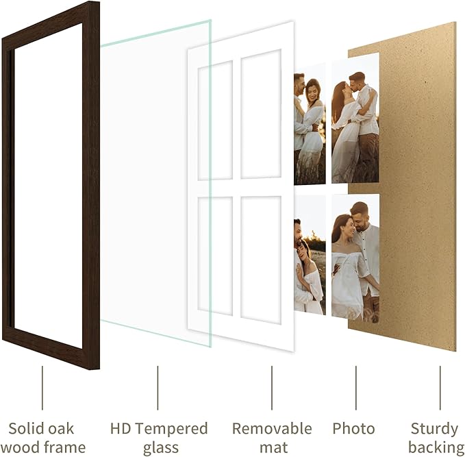 12x16 Picture Frame - 12 x 16 Photo Frame Made of Solid Oak Wood and Real Glass,Display Picture 4 Opening 5x7 with Mat or 12x16 Without Mat for Wall & Tabletop(Color Walnut)