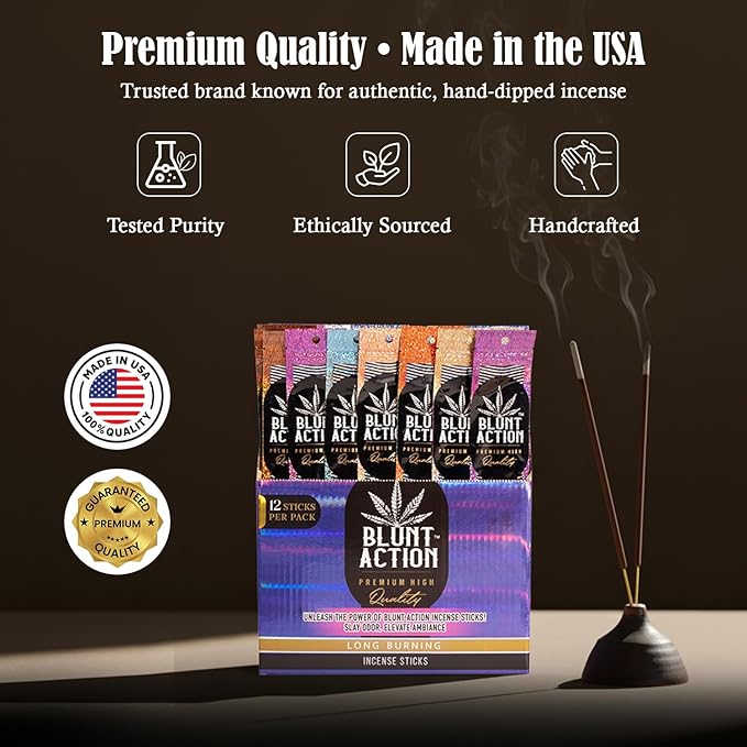 Tulasi Blunt Action Incense Sticks, 12 Packs, 144Pc, Long Lasting Fragrance, Natural Essential Oils Hand Rolled Incense Sticks for Aromatherapy, Relaxing, Yoga, Meditation, Prayer, Thanks Giving