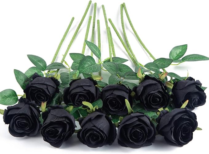 Flojery 10pcs Artificial Rose Flowers Long Stem Fake Silk Roses for DIY Wedding Bouquet Table Centerpiece Home Decor (Black)