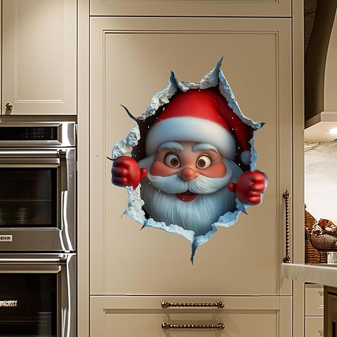 Christmas Creative Wall Sticker, 2026 New 3D Wall Breaking Santa Claus Sticker, Removable Xmas Holiday Decals for Walls, Festive Living Room Decor for Home Door Window (2 PCS)