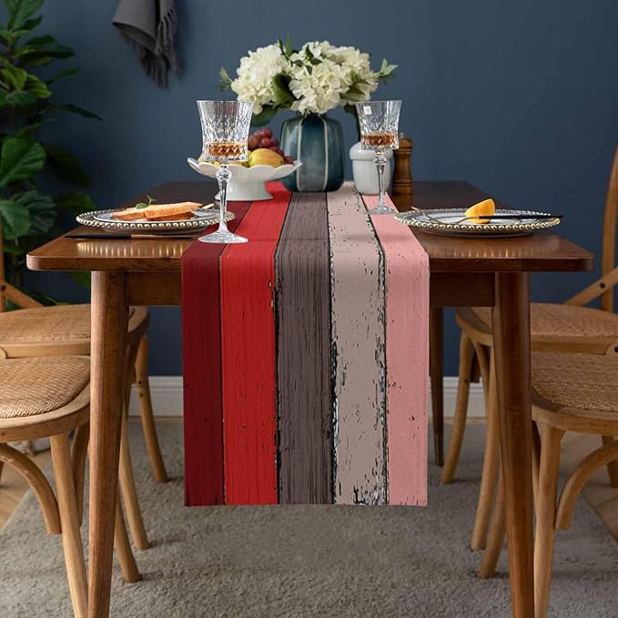 Farmhouse Cotton Linen Table Runner Dresser Scarf Retro Rustic Barn Wood Texture Ombre Christmas Red Brown Non-Slip Rectangle Settings Decoration for Kitchen Home Dining Holiday, 18x72 inch
