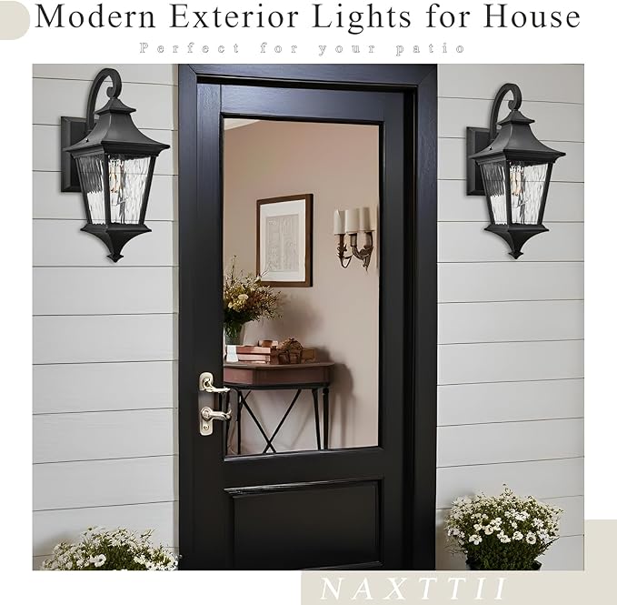 Black Outdoor Wall Light Fixtures 29.3 Inch Large Aluminum Outside Wall Lantern with Water Ripple Glass Waterproof Wall Sconce Porch Lights for Patio Doorway E26 Socket