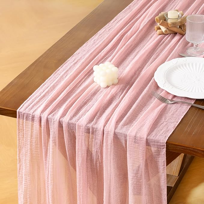 Socomi 3pcs Pink Gauze Valentine's Day Cheesecloth Table Runner Blush 120 Inch Rustic Boho Cheese Cloth Runner for Wedding Party Baby Bridal Shower Centerpiece Decoration Holiday Home Decorations