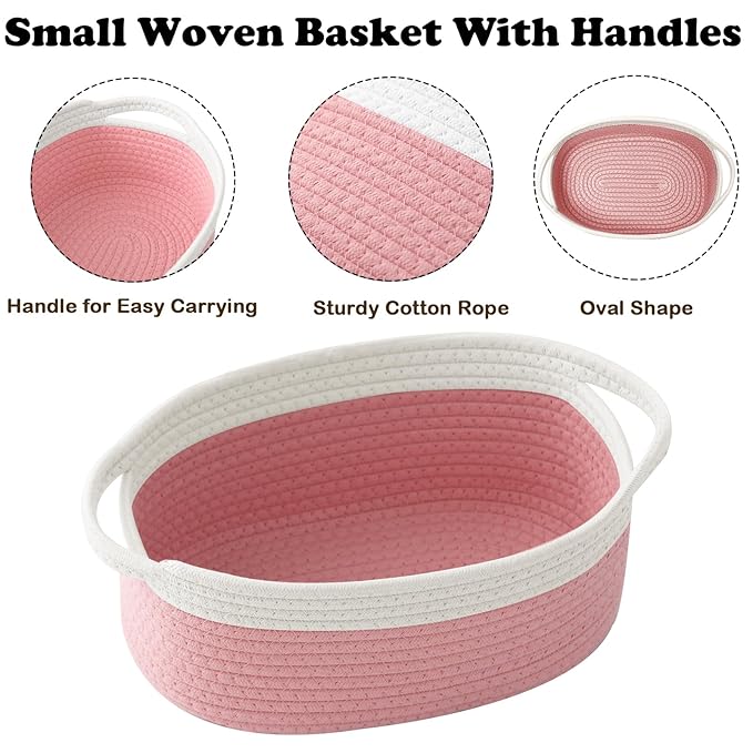 Small Woven Rope Basket-Empty Gifts Basket with Bag and Ribbons,Cute Handle Organizer Box for Birthday/Baby Shower, Toy Storage, Nursery Organizing & Shelf Decor(White&Pink)