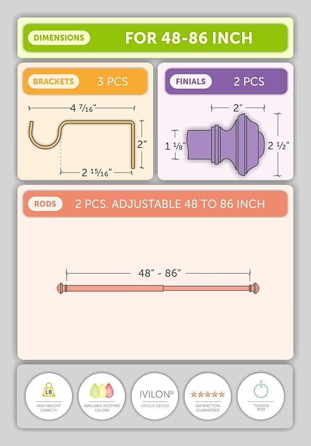 Ivilon Drapery Treatment Window Curtain Rod - Square Design 1 1/8 Rod. 48 to 86 Inch. Black