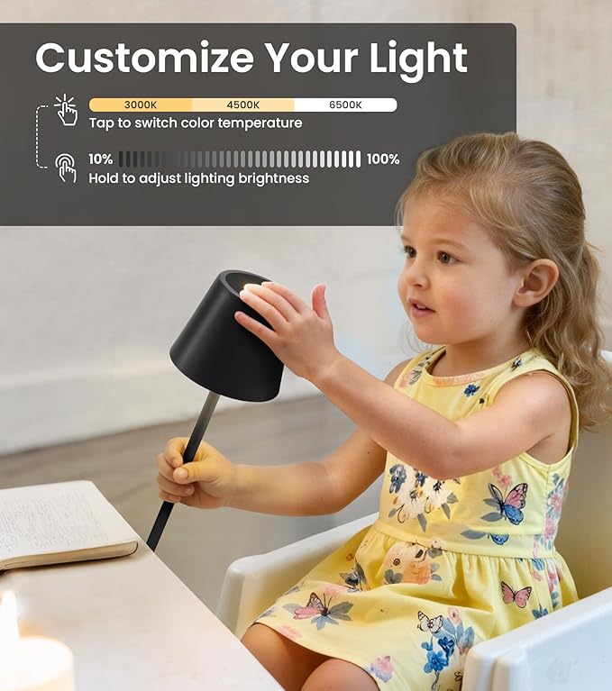 Cordless Table Lamp, Portable Battery Operated Lamp with 3 Color Temps and Stepless Dimming, Rechargeable Table Lamp for Dinner, Desk, Cafe, Outdoor (Black)