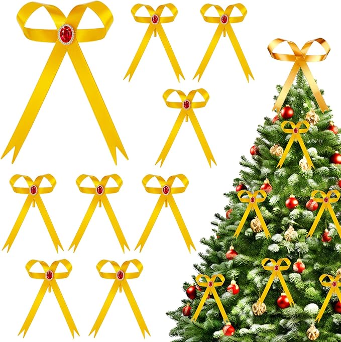 12 Pcs Gold Metal Bow Ornaments with Red Gem – 3.4x5.6 Clip-On Christmas Tree Bows, Elegant Gold Bow Decorations for Wreaths, Garlands, Weddings, Parties & Home Decor