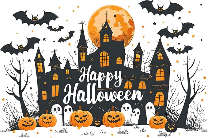 Halloween Wall Decals – Skeleton Pumpkin Stickers with Witch Hat, Bats, Black Cats & Stars, Removable Vinyl Decorations for Party or Home Decor