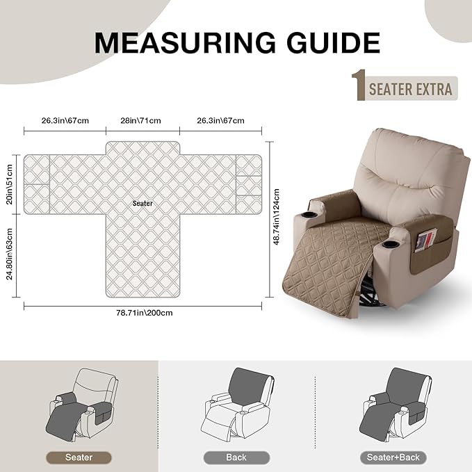 VANSOFY Recliner Chair Covers 100% Waterproof Seat Cover with Arm Reclining Cover Non-Slip Recliner Chair Covers Furniture Protector Washable Slipcover with Pocket for Pets, Dogs(Light Brown, 28")