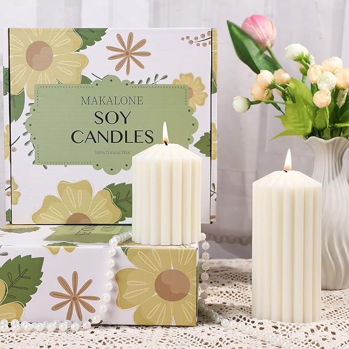 3 Pcs Scented Ribbed Pillar Candles,Natural Soybean White Pillar Candles,Modern Aesthetic Soy Wax Pillar Candle for Home Decor,2.8x4,6,8in Smokeless Non-Toxic Vanilla Cake Scented Candle for Gifts