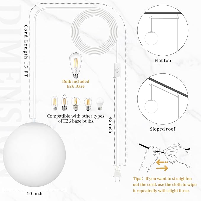 KoKo&Yukina 10" Globe Pendant Light White Plug in Pendant Light Adjustable Hanging Lights with Plug in Cord Matte White Finished with Milk Glass Lampshade for Bedroom Kitchen Island（Bulb Included）