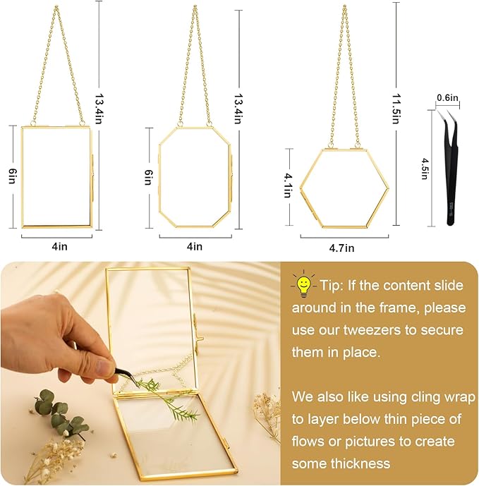 FOCHIER F 3 Pcs Pressed Flower Frames with Tweezers, Wall Hanging Double Glass Frames with Metal Chain for Pressed Dried Flowers Plants, Golden