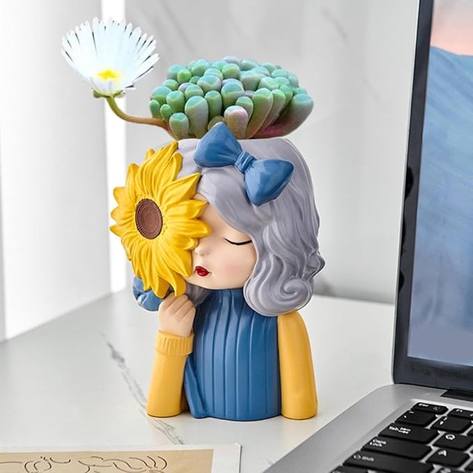 Sunflower and Girl Concrete Flower Pot Silicone Mold Succulent Planter Vase Pen Holder Cement Clay Mold Plaster Epoxy Resin Mould