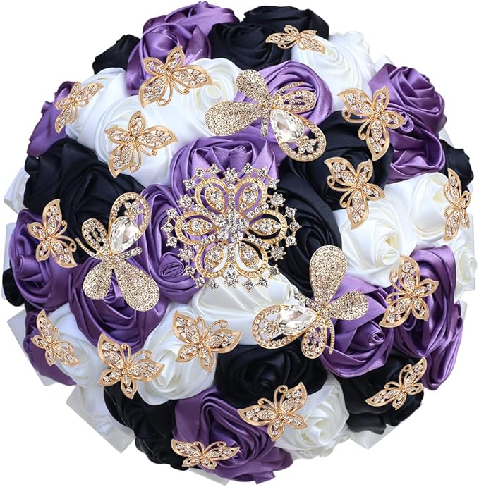 Handmade Floral Satin Rose Butterfly Shape Rhinestone Bridal Bouquet Luxury Golden Rhinestone Artificial Flowers for Wedding